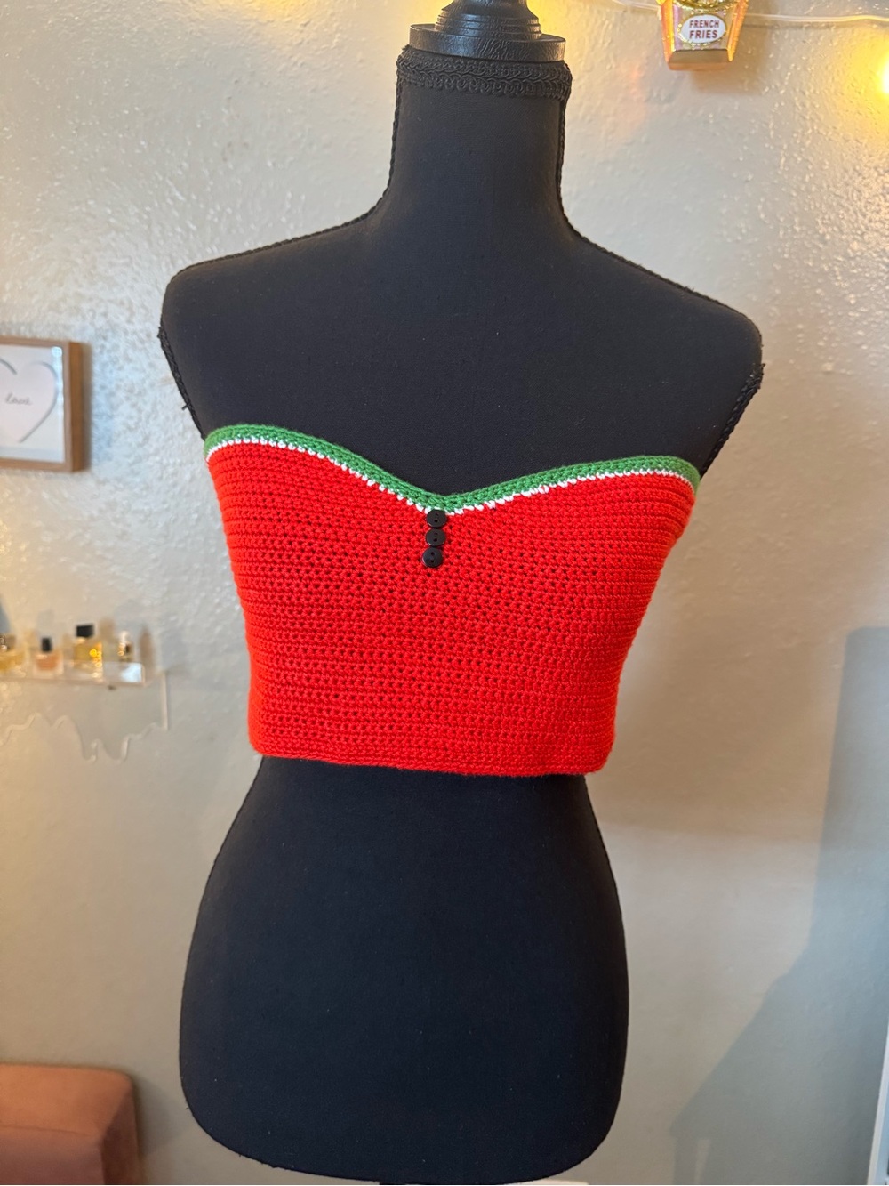 Forever 21 Red Crochet Strapless Tube Top with Green Trim